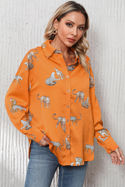 Russet Orange Cheetah Animal Print Button Up Satin Shirt