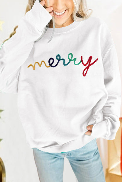 White MERRY Graphic Pullover Sweatshirt