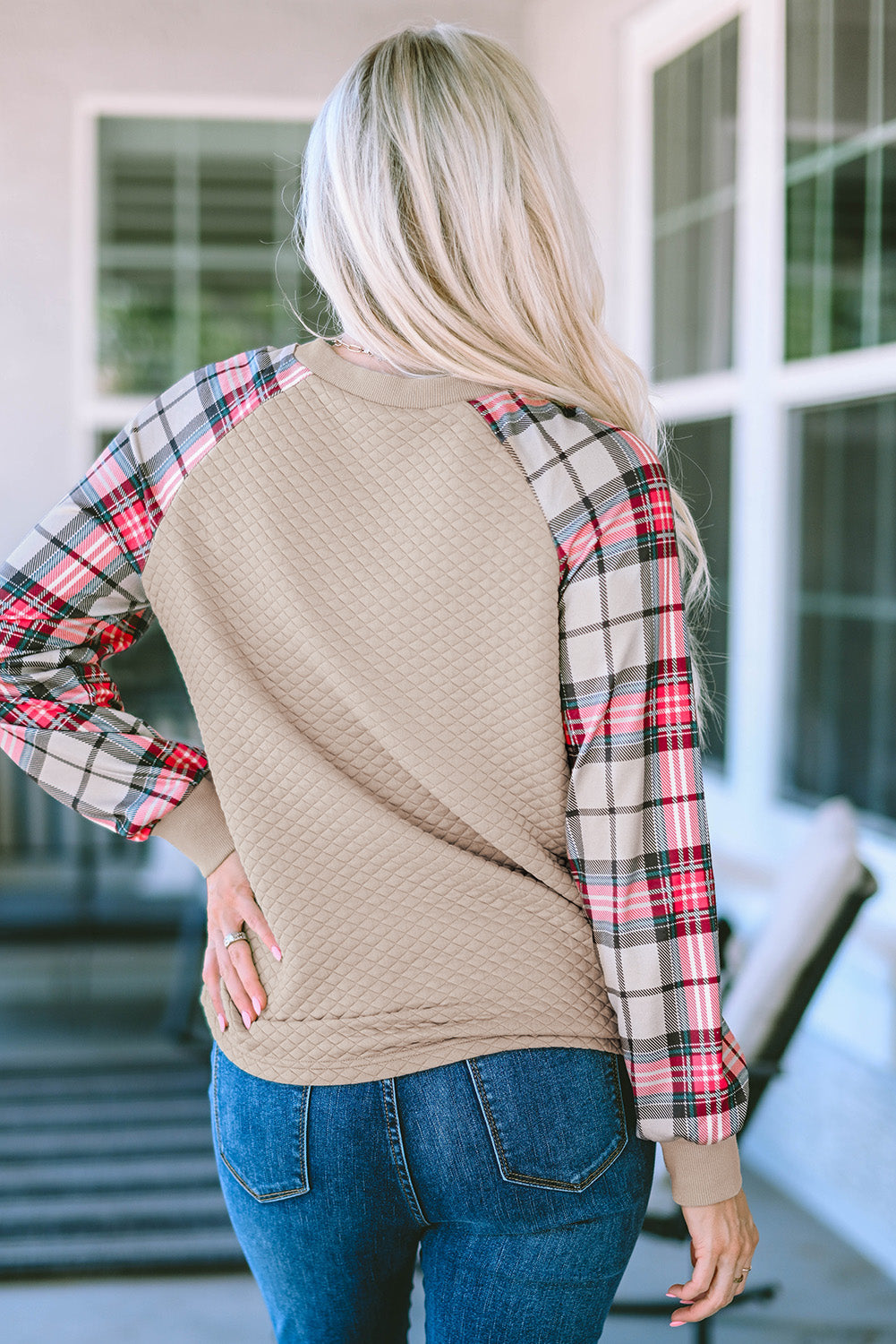 Apricot Plaid Raglan Sleeve Sweatshirt