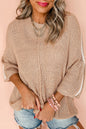 Light French Beige Contrast Striped 3/4 Sleeve Crew Neck Sweater