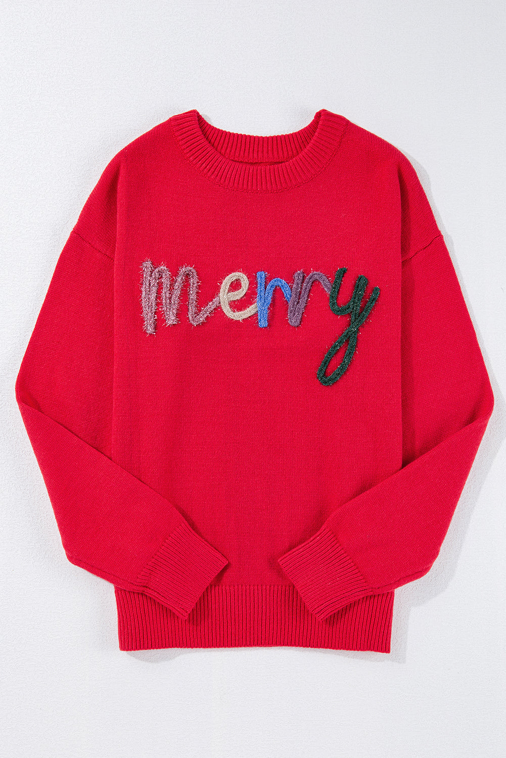 Fiery Red Tinsel Merry Letter Drop Shoulder Baggy Sweater