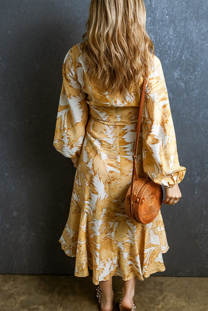 Yellow V Neck Wrap Lace up Bubble Sleeve Floral Dress