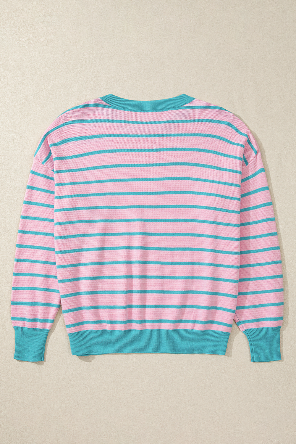 Pink Stripe Trimmed Round Neck Drop Shoulder Loose Sweater