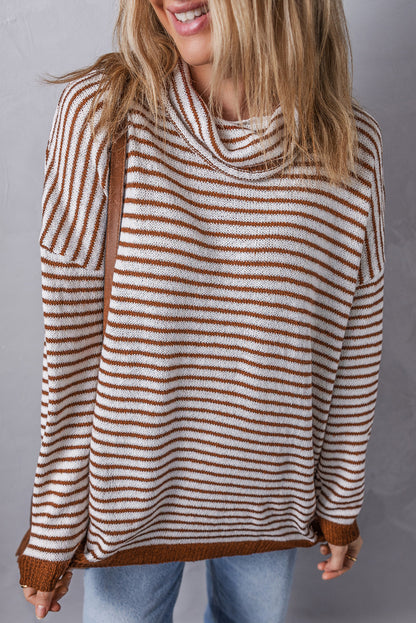 Brown Striped Turtleneck Loose Sweater