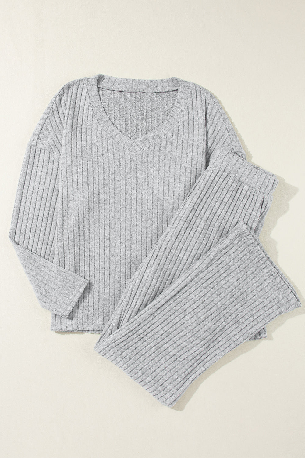 Light Grey Ribbed Knit V Neck Slouchy Two-piece Outfit