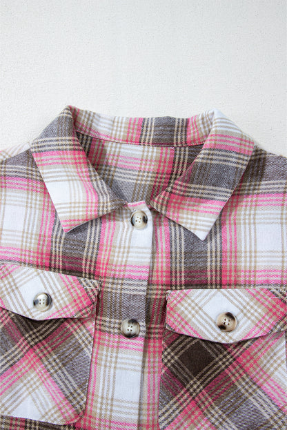 Pink Plaid Flap Pocket Button Up Shacket