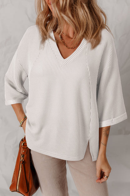 White Solid Color Corded Drop Shoulder 3/4 Sleeve V Neck Top