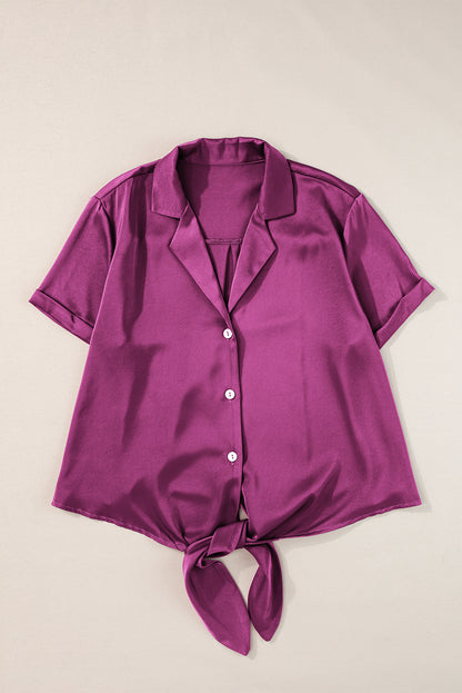 Rose Red Fold Cuffs Short Sleeve Satin Shirt