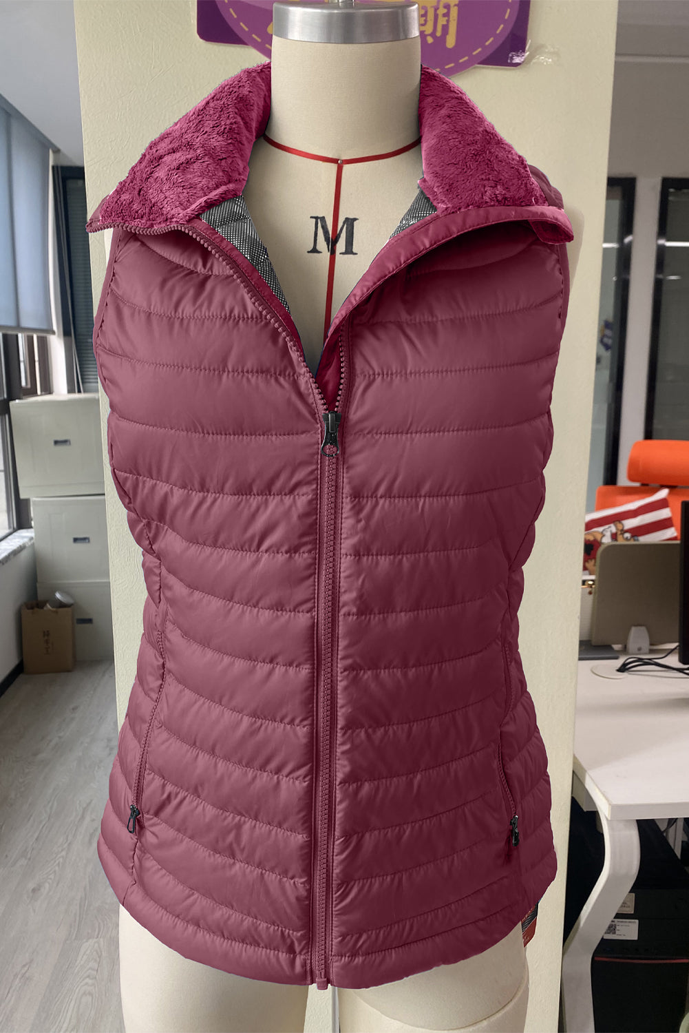 Burgundy Plush Collared Quilted Zipped Puffer Vest