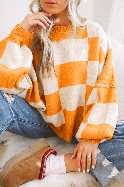 Orange Checkered Bishop Sleeve Sweater