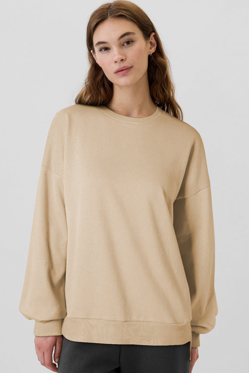 Camel Solid Fleece Lined Drop Shoulder High Low Sweatshirt