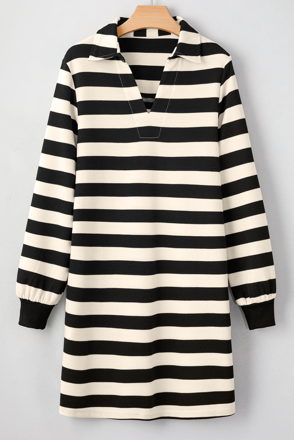 Pink Stripe Collared V Neck Long Sleeve Loose Casual Dress