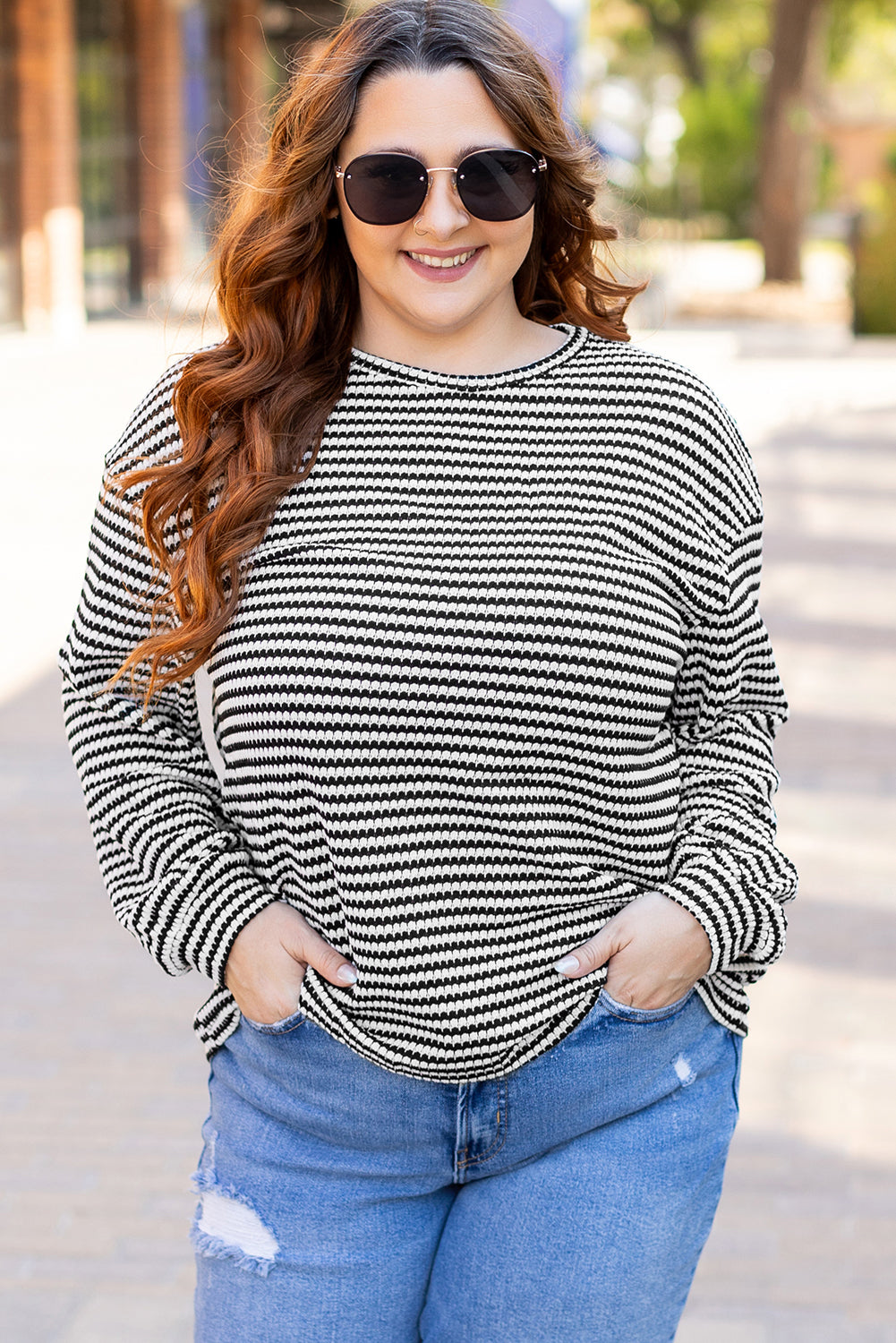 Black Stripe Drop Shoulder Puff Long Sleeve O Neck Plus Size T Shirt