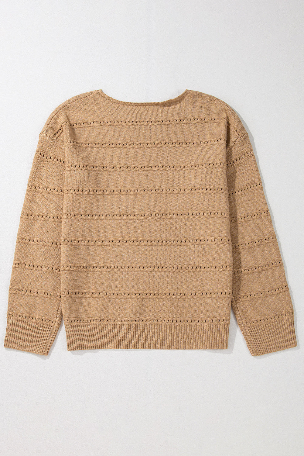 Pale Khaki Boat Neck Drop Shoulder Pointelle Knit Sweater