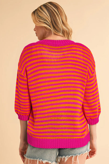 Rose Stripe 3/4 Puff Sleeve Drop Shoulder Sweater