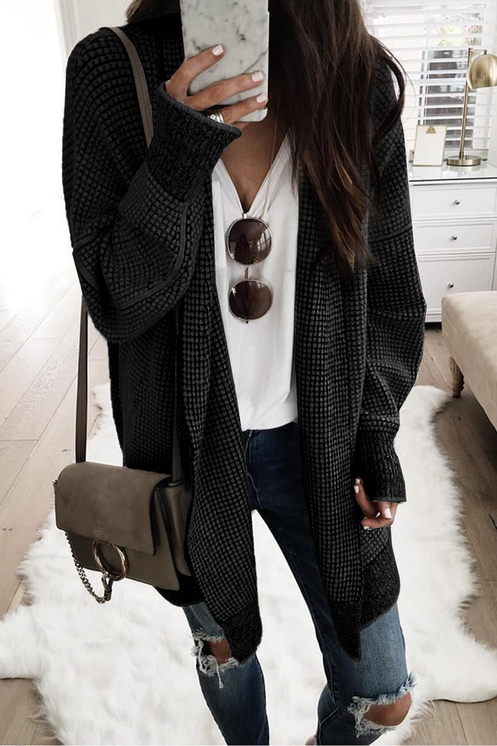 Black Plaid Knitted Long Open Front Cardigan