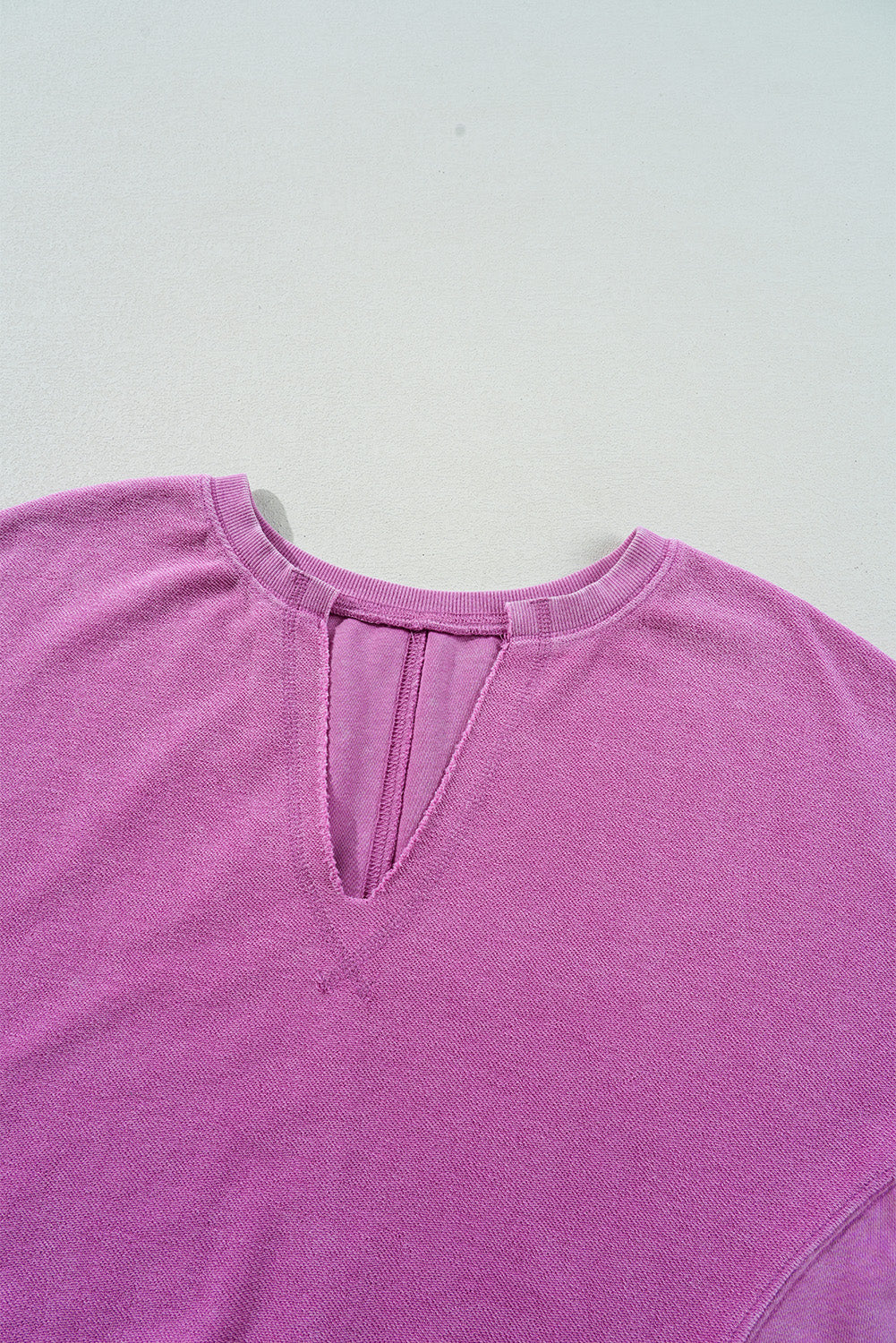 Bright Pink Solid Color Notched Neck Drop Shoulder Sweatshirt