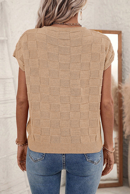 Smoke Gray Lattice Textured Knit Short Sleeve Sweater