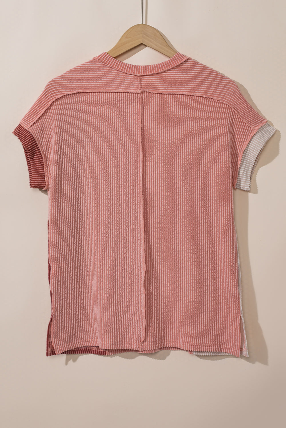 Apricot Pink Textured Colorblock Crew Neck T Shirt