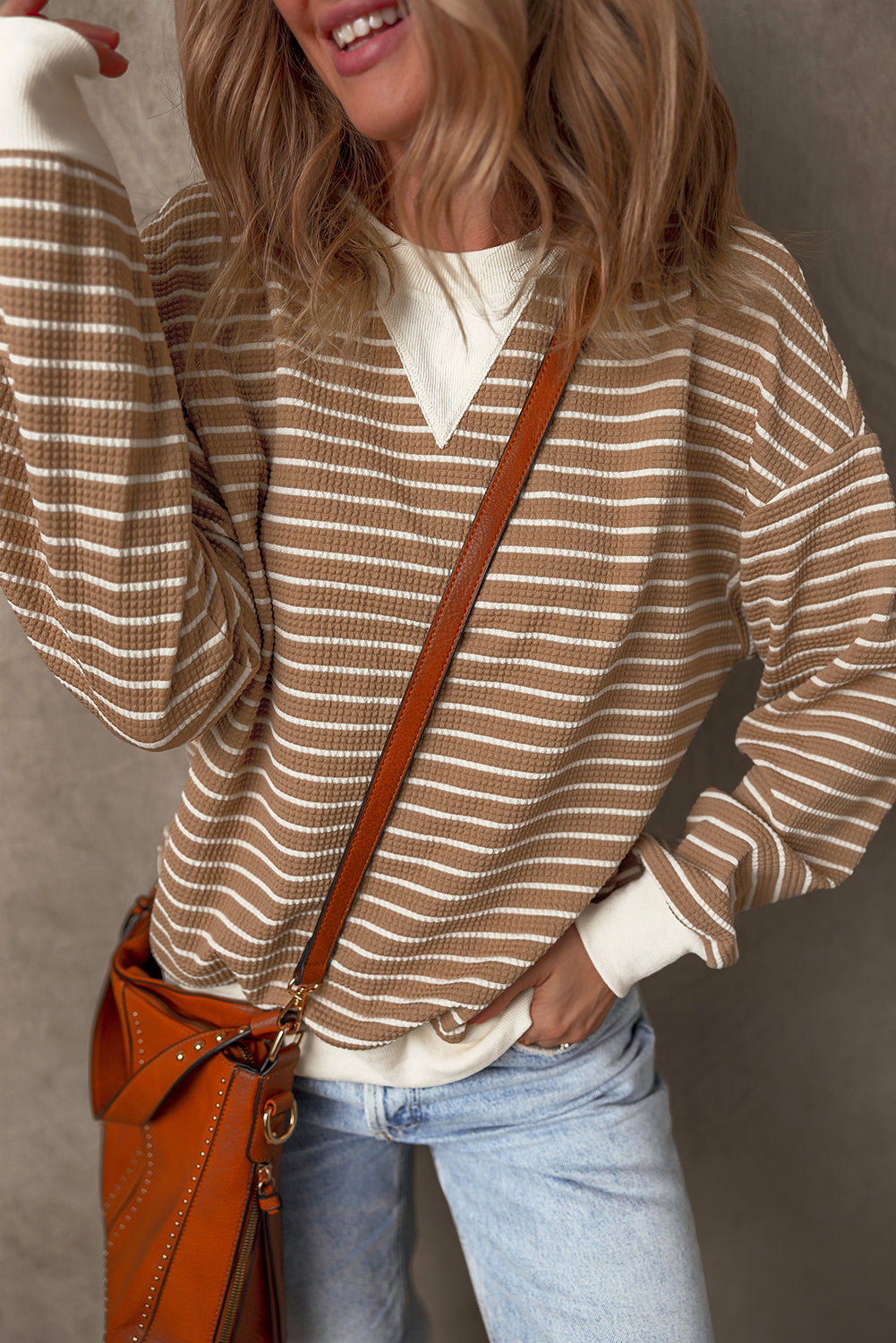 Khaki Stripe Patched Edge Textured Round Neck Long Sleeve Top