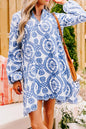 Blue Boho Floral Embroidered Notch V Neck Shift Mini Dress