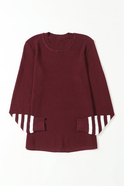 Red Striped Sleeve Plain Knit Sweater