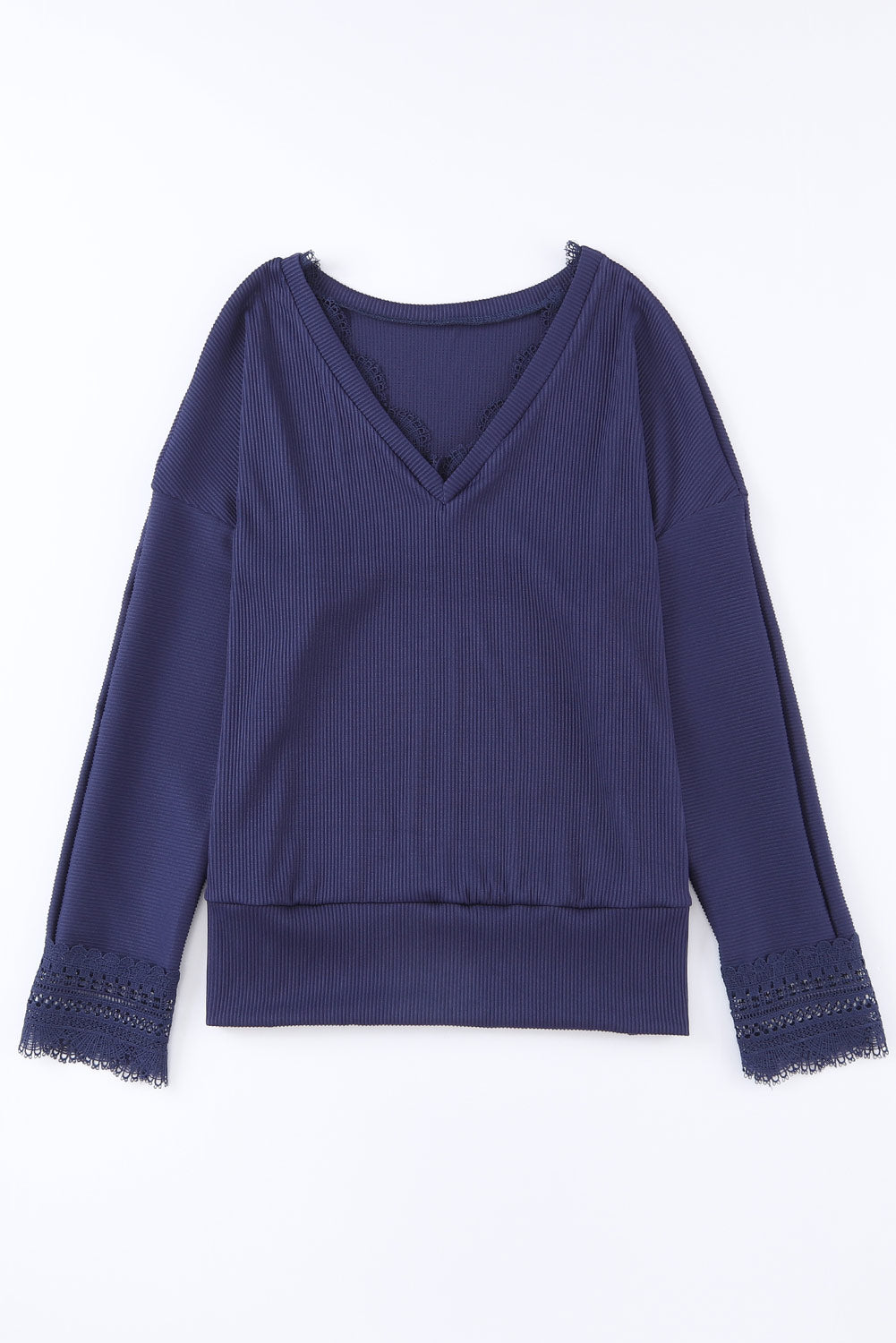 Blue Ribbed Texture Lace Trim V Neck Long Sleeve Top