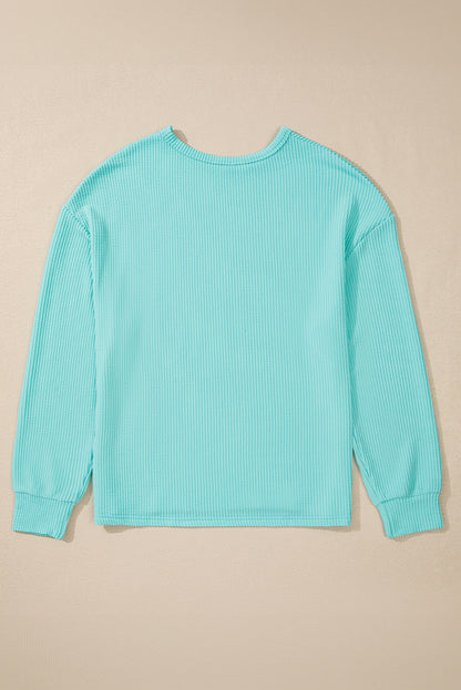 Aruba Blue Solid Color Corded Knit Round Neck Top