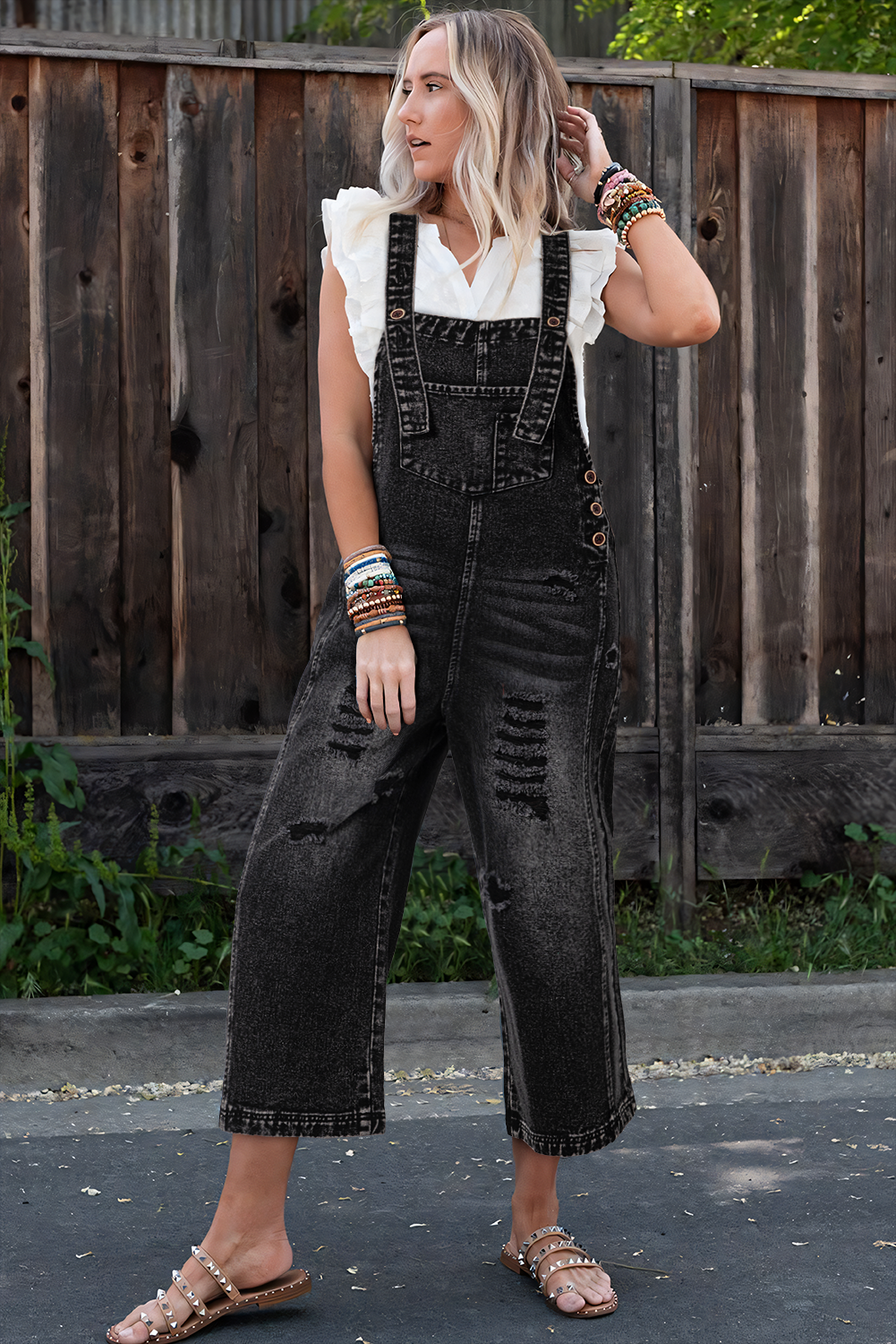 Stone Blue Distressed Bib Pocket Wide Leg Denim Overall