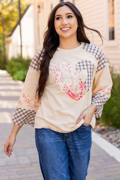 Beige Plaid Floral Peace Heart Graphic Wide Long Sleeve Top