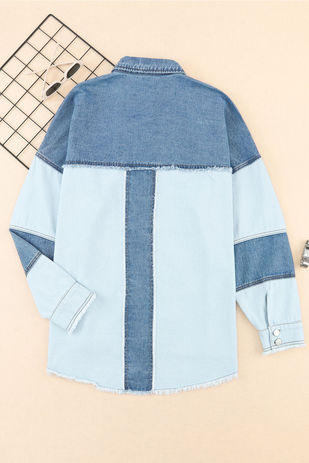 Blue Color Block Frayed Patchwork Oversize Denim Jacket