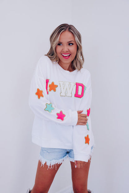 White Howdy Glitter Chenille Patch Graphic Casual Sweatshirt