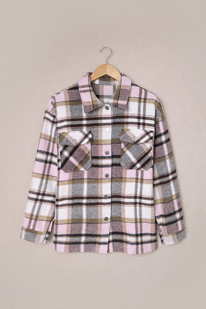 Pink Geometric Plaid Print Pocketed Shacket