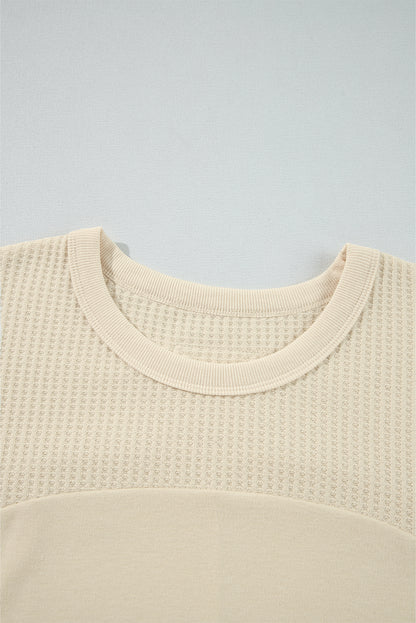 Beige Thermal Knit Patchwork Exposed Seam Long Sleeve Top