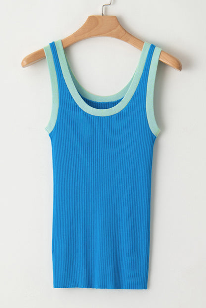 Blue Colorblock Edge Ribbed Knit U Neck Tank Top