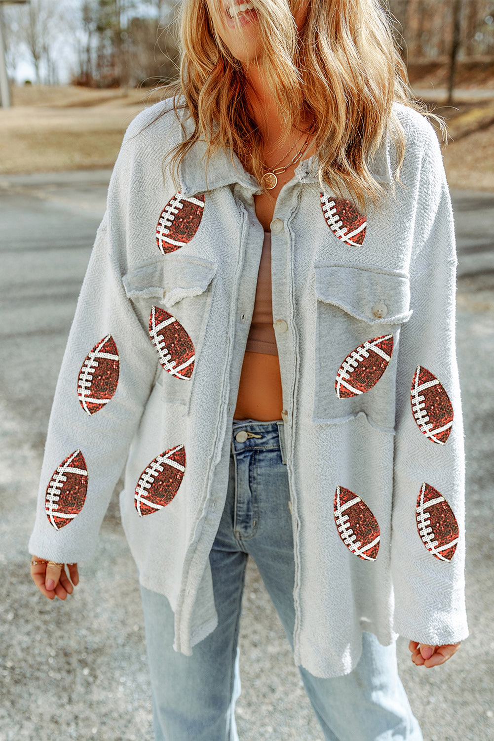 Gray Sequined Rugby Flap Pockets Buttoned Shacket