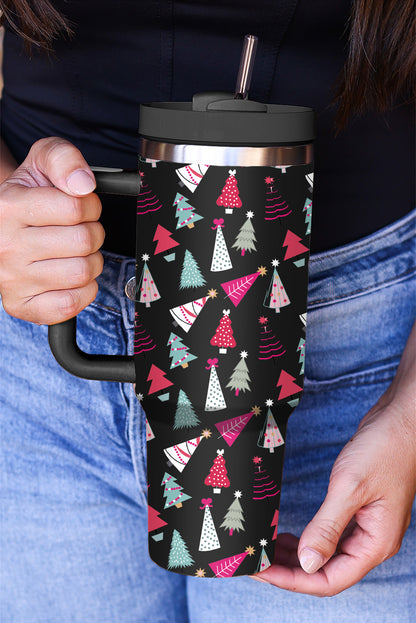 Black Cartoon Christmas Tree Printed Thermos Cup 40oz