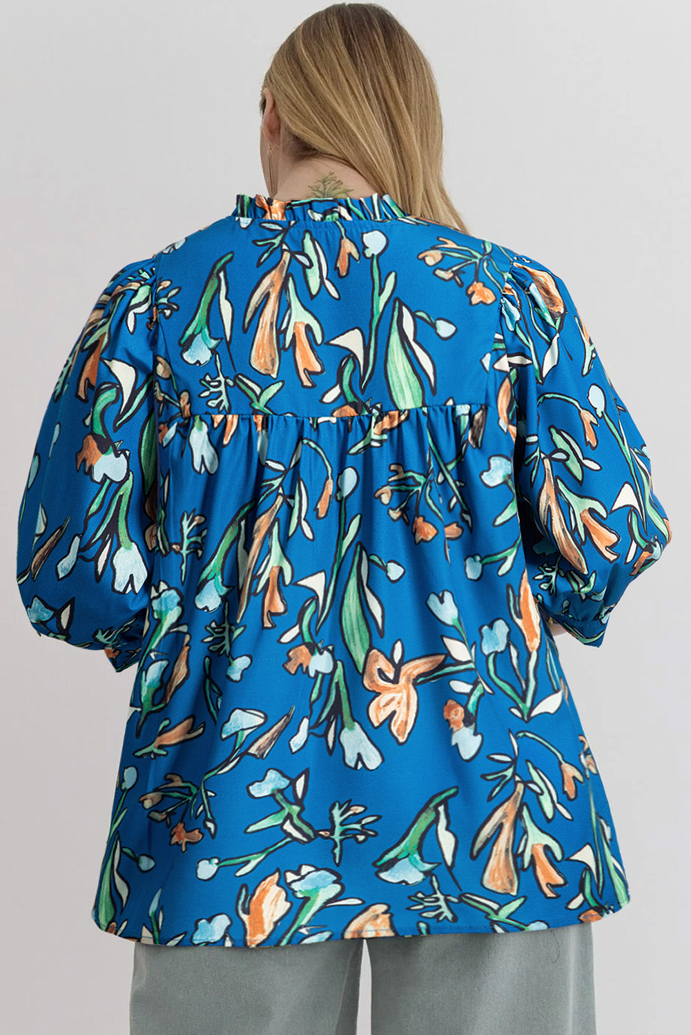 Blue Floral Notched V Neck Half Sleeve Plus Size Blouse