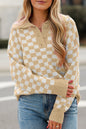 Apricot Checkered Buttons Collar V Neck Drop Shoulder Sweater