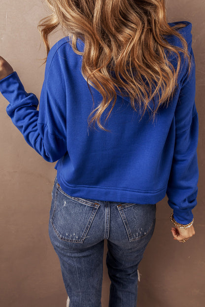 Dark Blue Solid Drop Shoulder Drawstring Cropped Hoodie