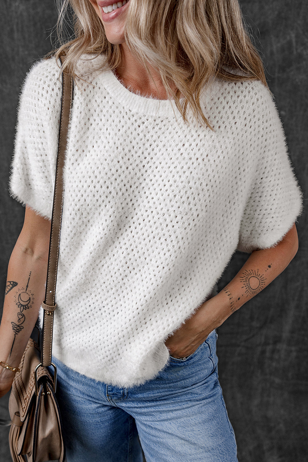 White Fuzzy Eyelet Knitted Sweater T-shirt