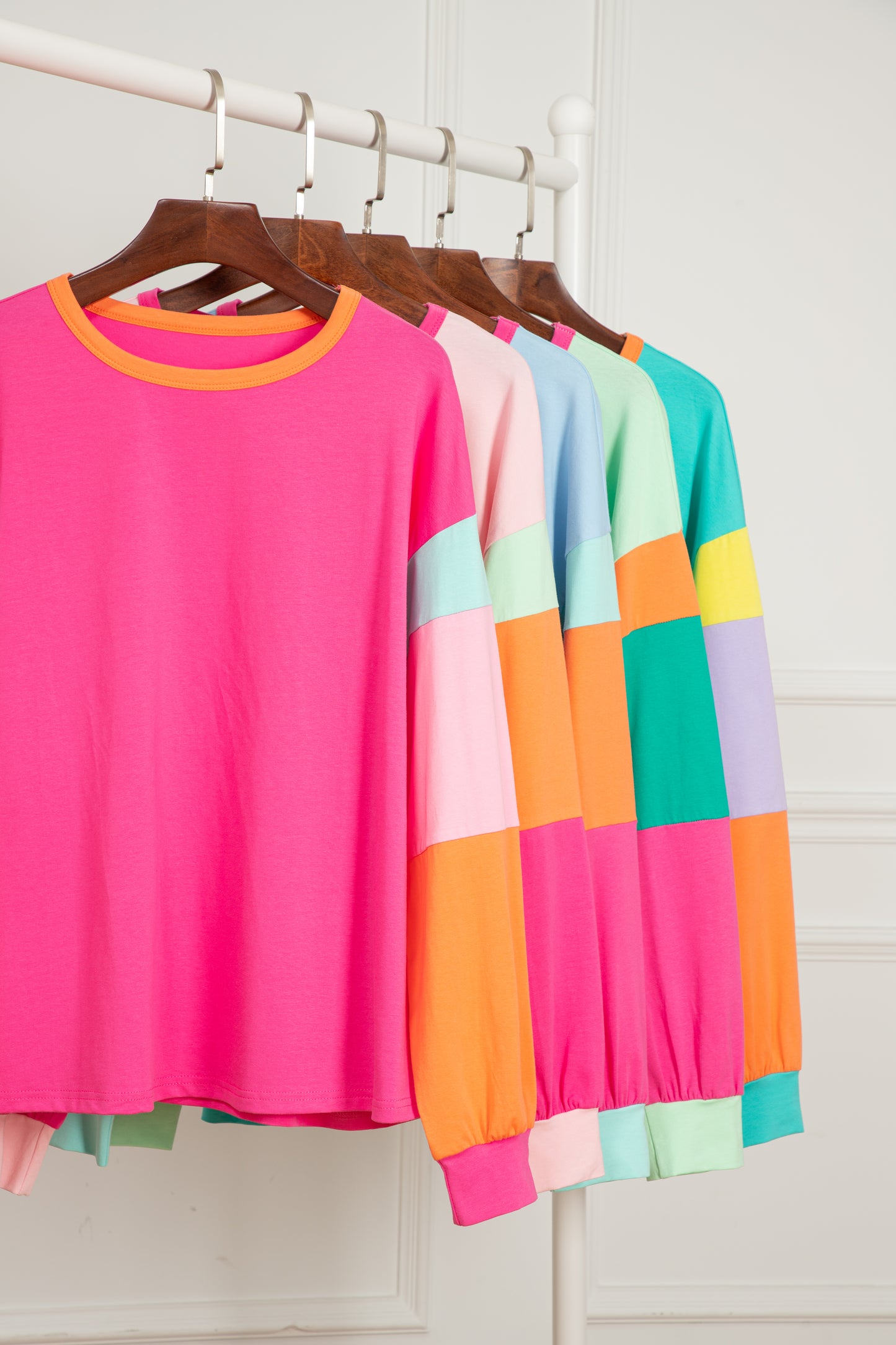 Pink Colorblock Patchwork Long Sleeve Loose Top