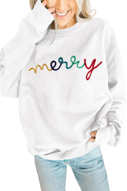 White MERRY Graphic Pullover Sweatshirt