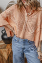 Apricot Pink Hollowed Knit 3/4 Dolman Sleeve Buttoned Collared Sweater