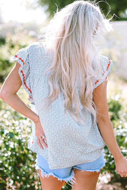 Sky Blue Boho Embroidered Floral Print Flutter Sleeve Blouse