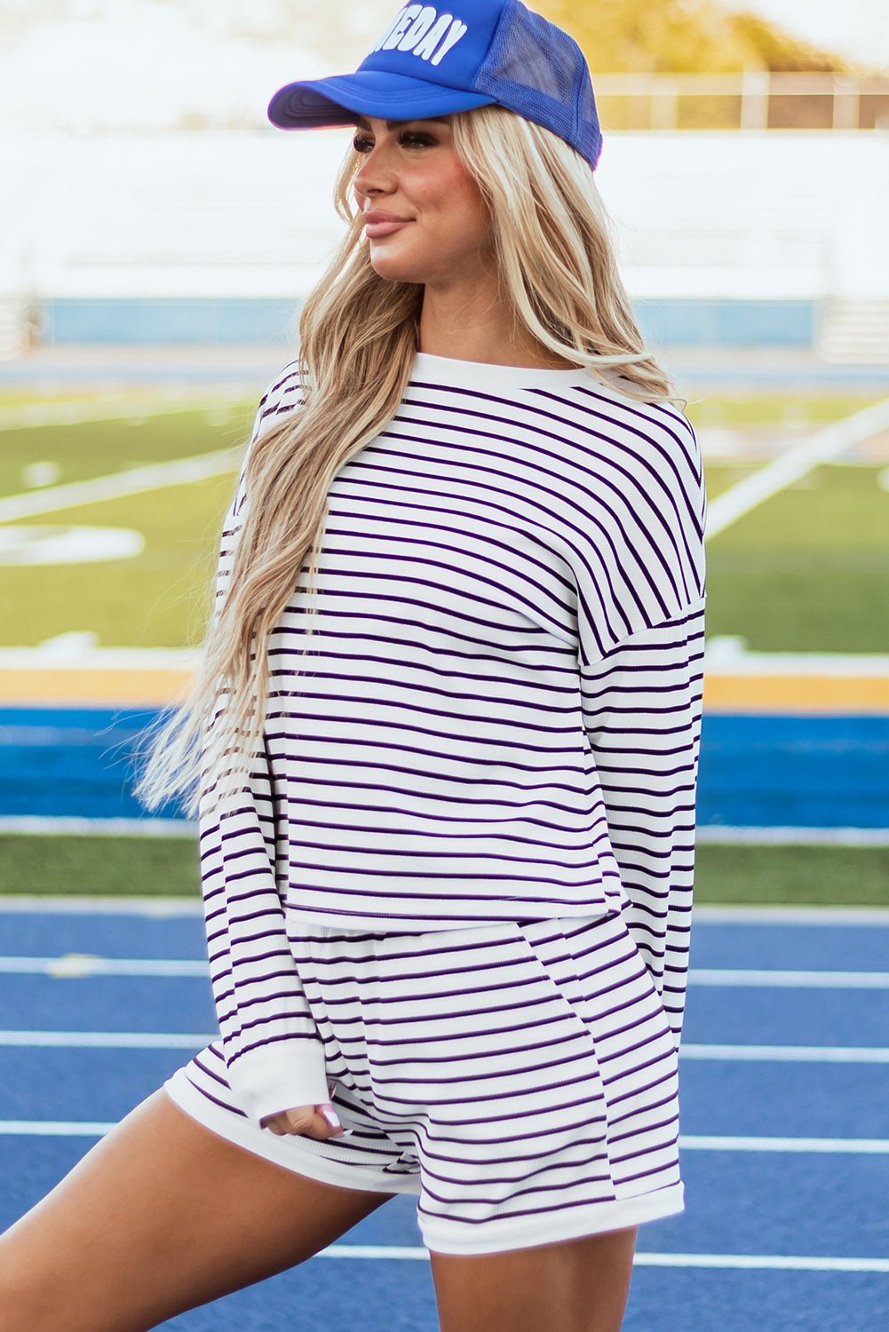 Black Stripe Textured 3/4 Sleeve Top and Shorts Set