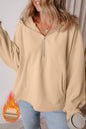 Brown Fleece Lined Half Zipper Kangaroo Pockets Loose Hoodie