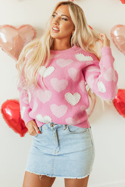 Pink Pearled Heart Print Valentines Crew Neck Sweater