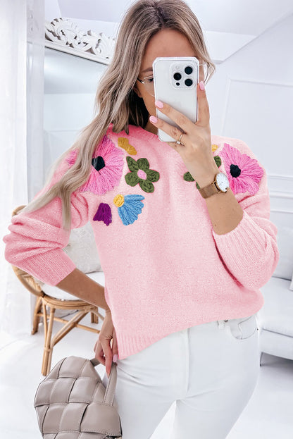 Pink Knitted Flower Pattern Ribbed Edge Sweater