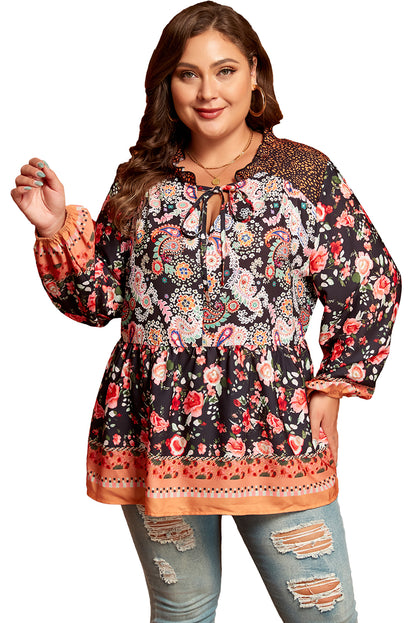 Black Plus Size Paisley Floral Print V Neck Bubble Sleeve Blouse